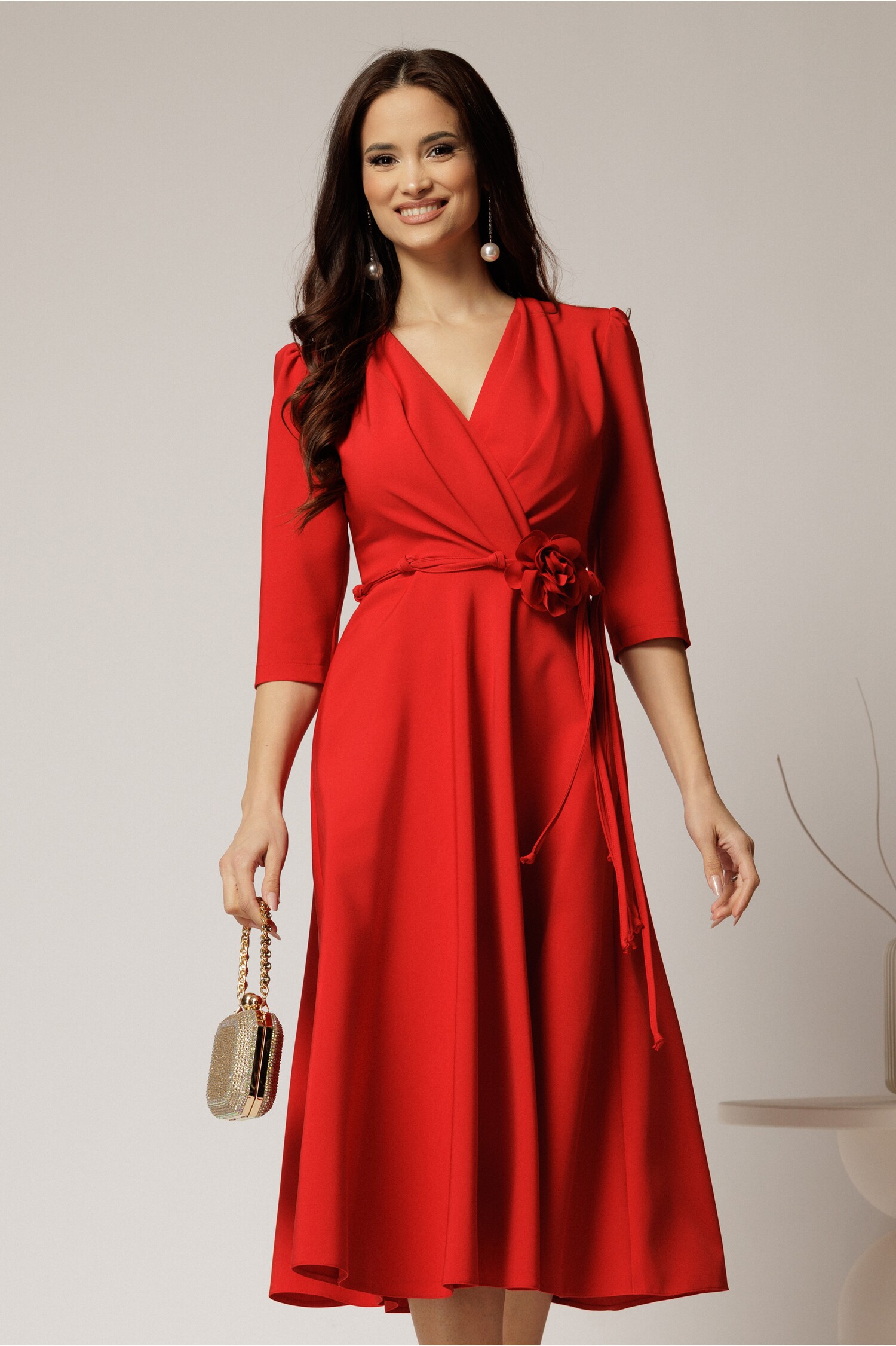 Rochie Midi Rosie din Stofa cu Clos
