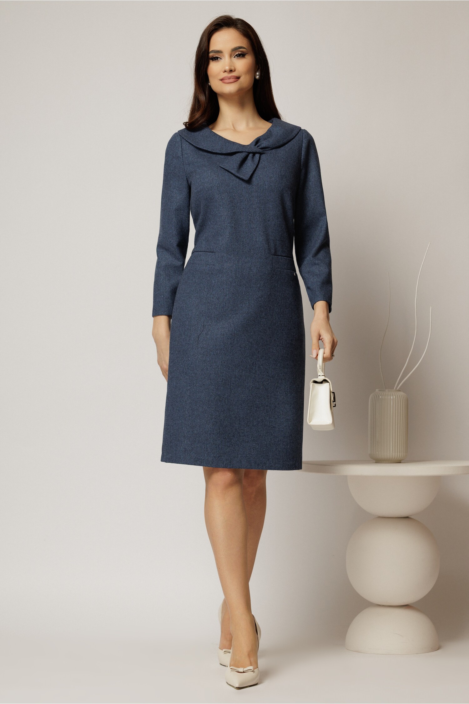 Rochie Midi Bleumarin Jerse cu Design Elegant