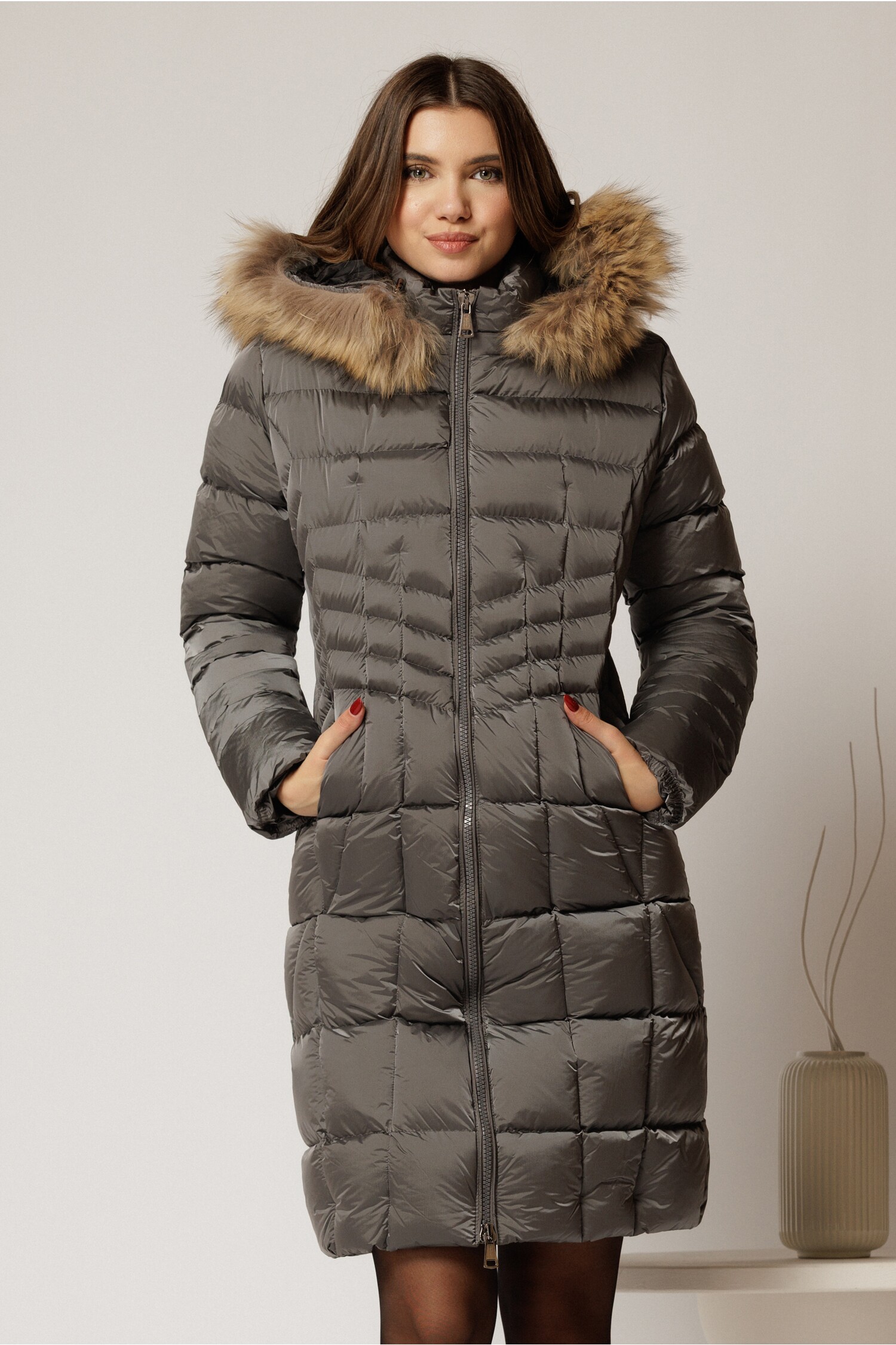 Geaca Dama Midi Gri cu Gluga Detasabila