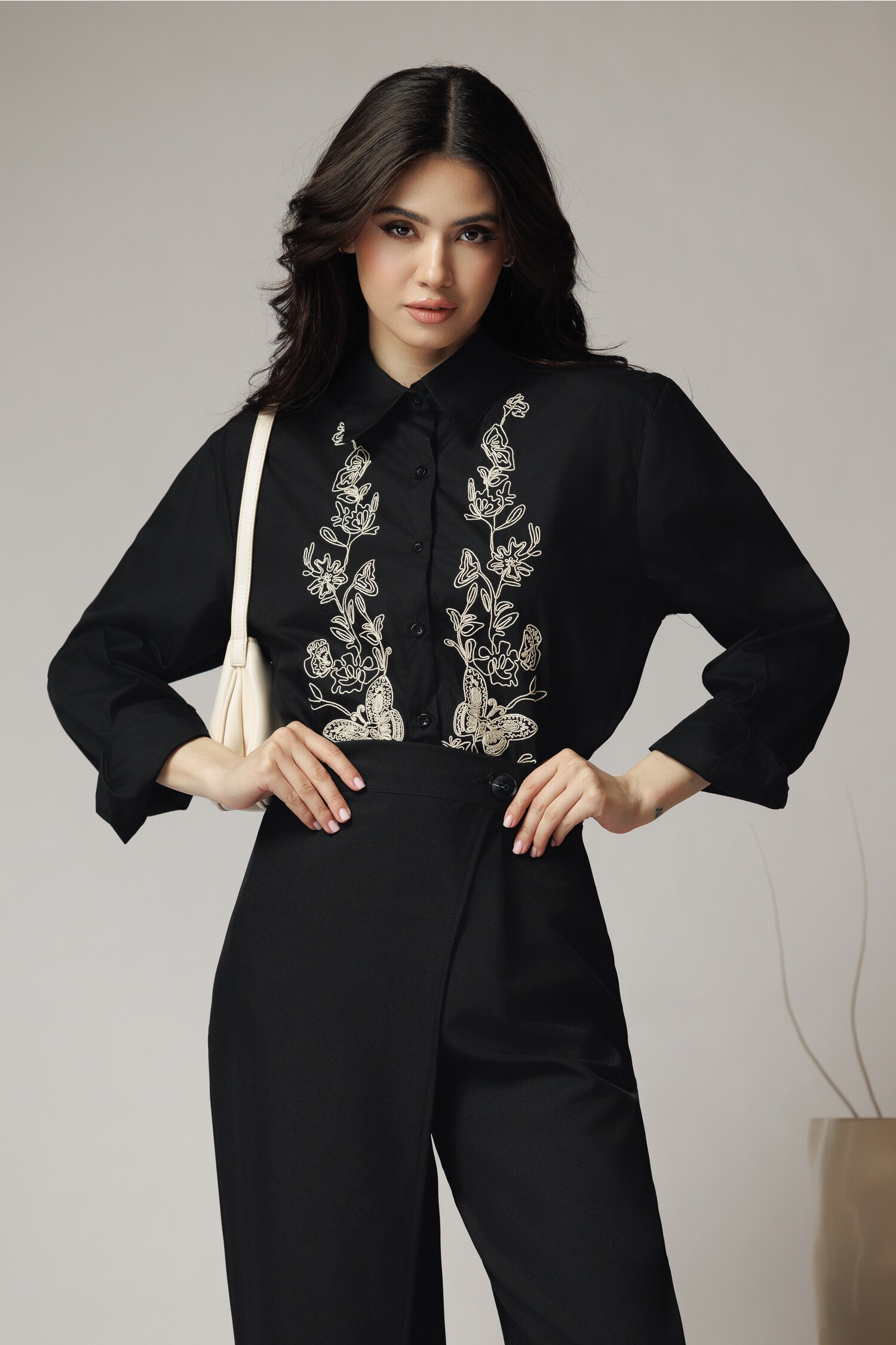 Camasa Office Neagra din Bumbac cu Broderie