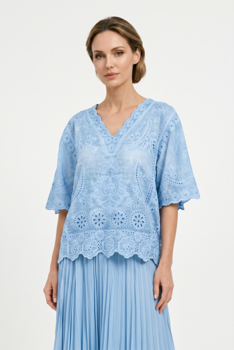 Bluza din bumbac brodat cu decolteu in V si maneci evazate, eleganta, bleu