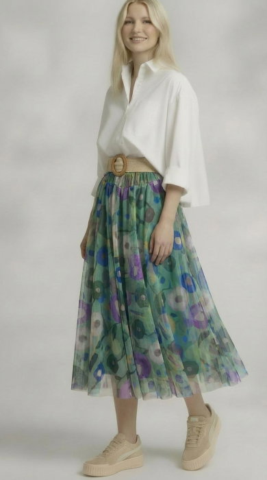 Fusta clos din tulle cu imprimeu floral pictural pe fond verde