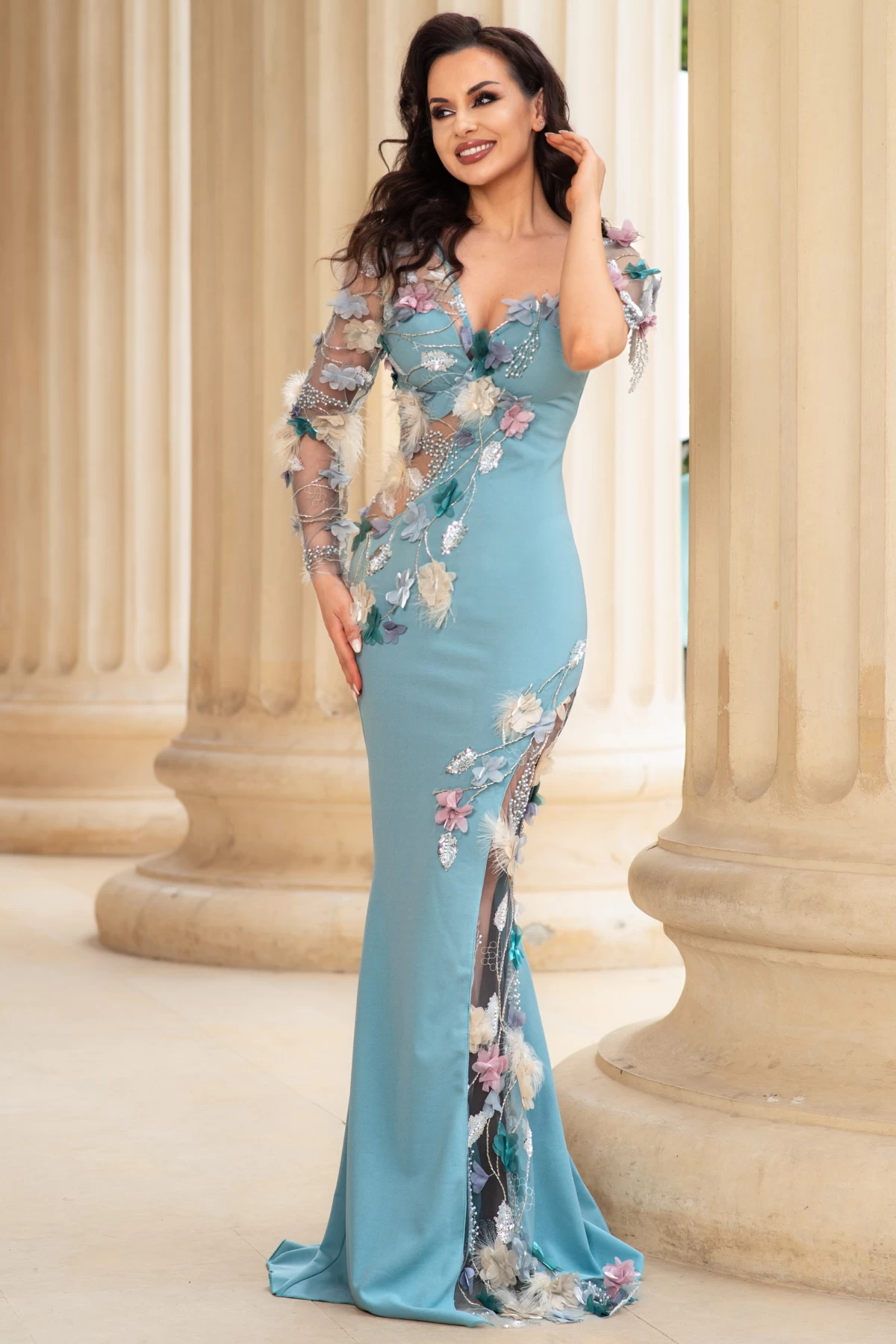 Rochie de seara lunga mint Anelisse cu flori delicate si margele decorative