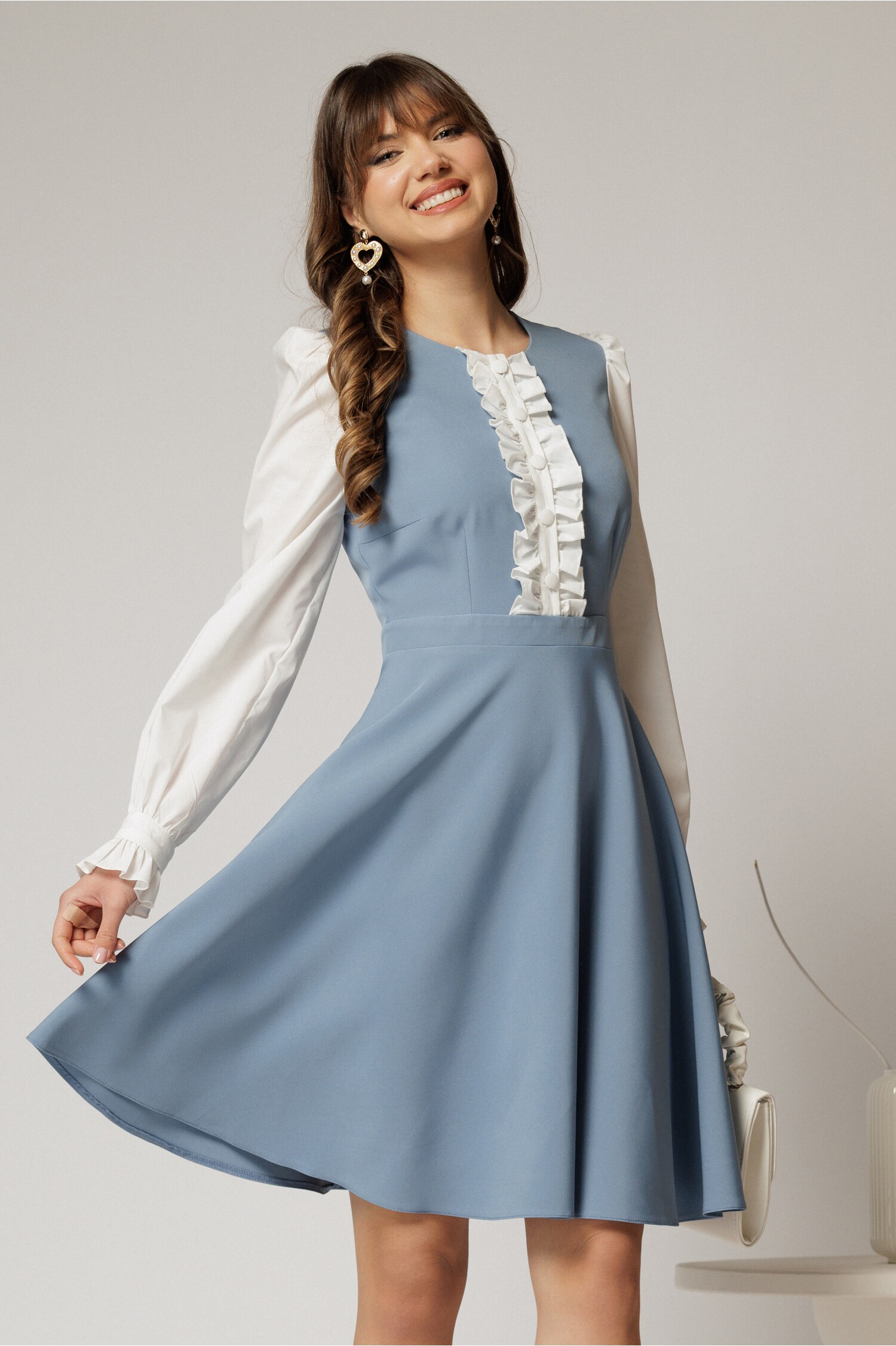 Rochie DY Fashion Bleu cu Volanase și Maneci Poplin