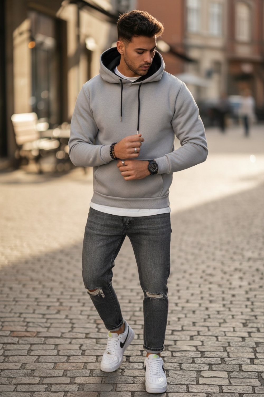 Hanorac Barbati Slim Fit Gri Stil Modern