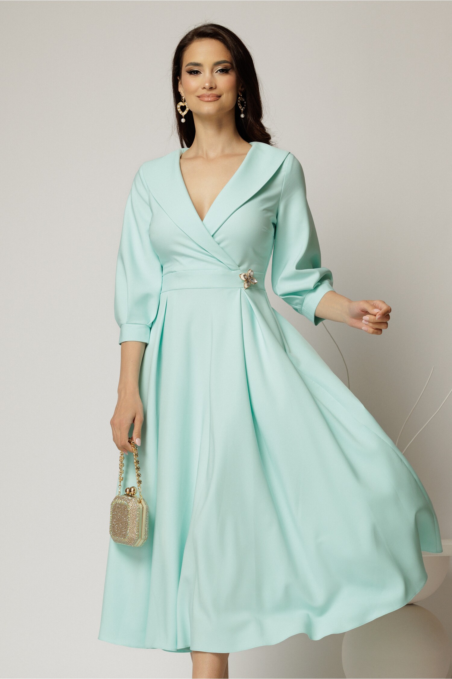 Rochie Office Stofă Turcoaz cu Rever Elegantă