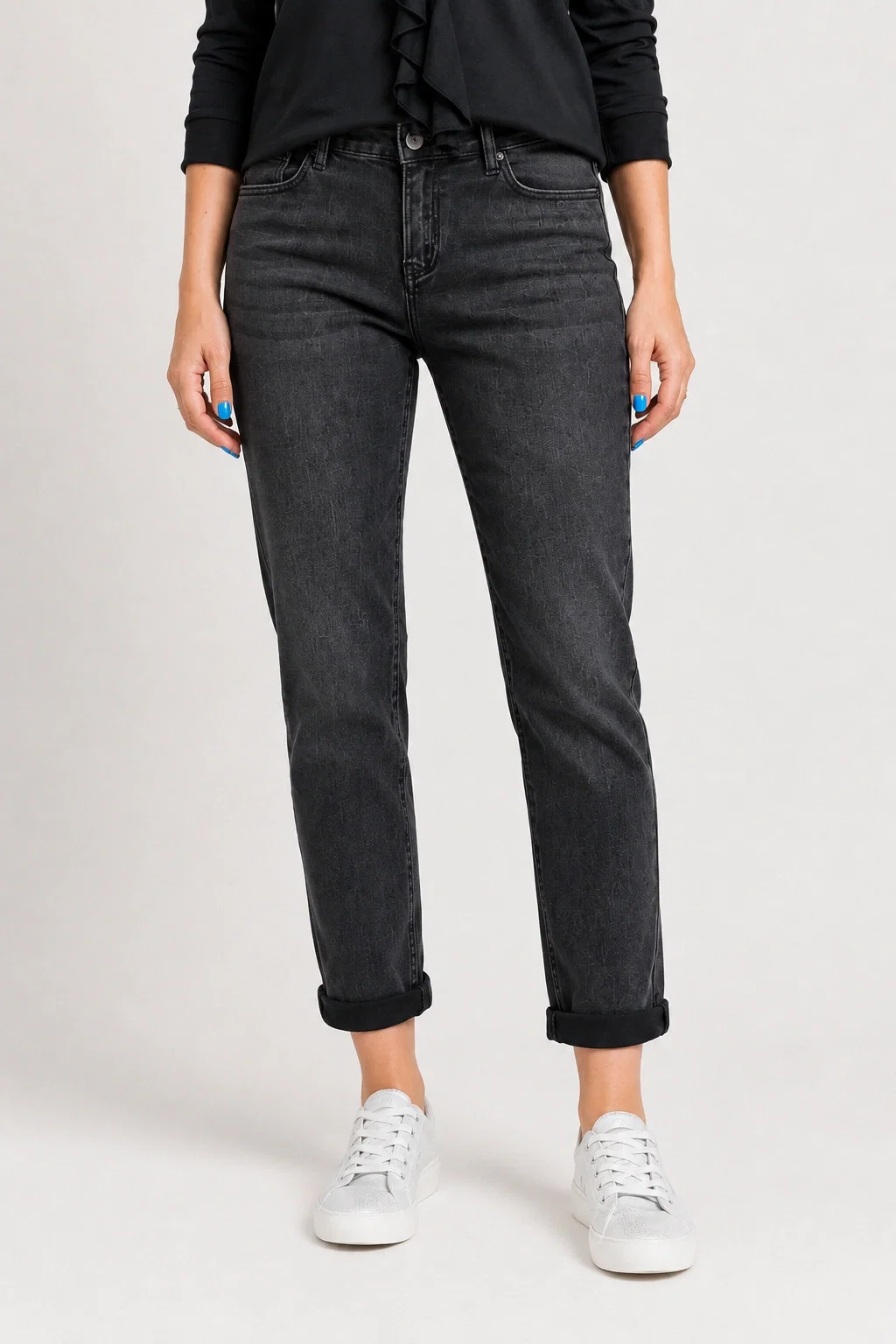 Blugi dama slim fit cu talie medie si aspect prespalat - negru