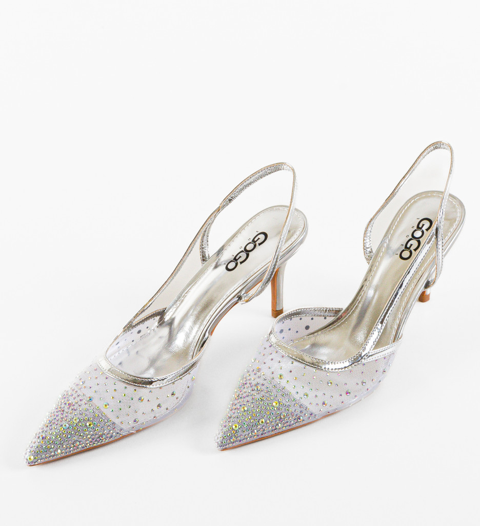 Pantofi Melite Argintii Eleganți cu Toc - imagine 6