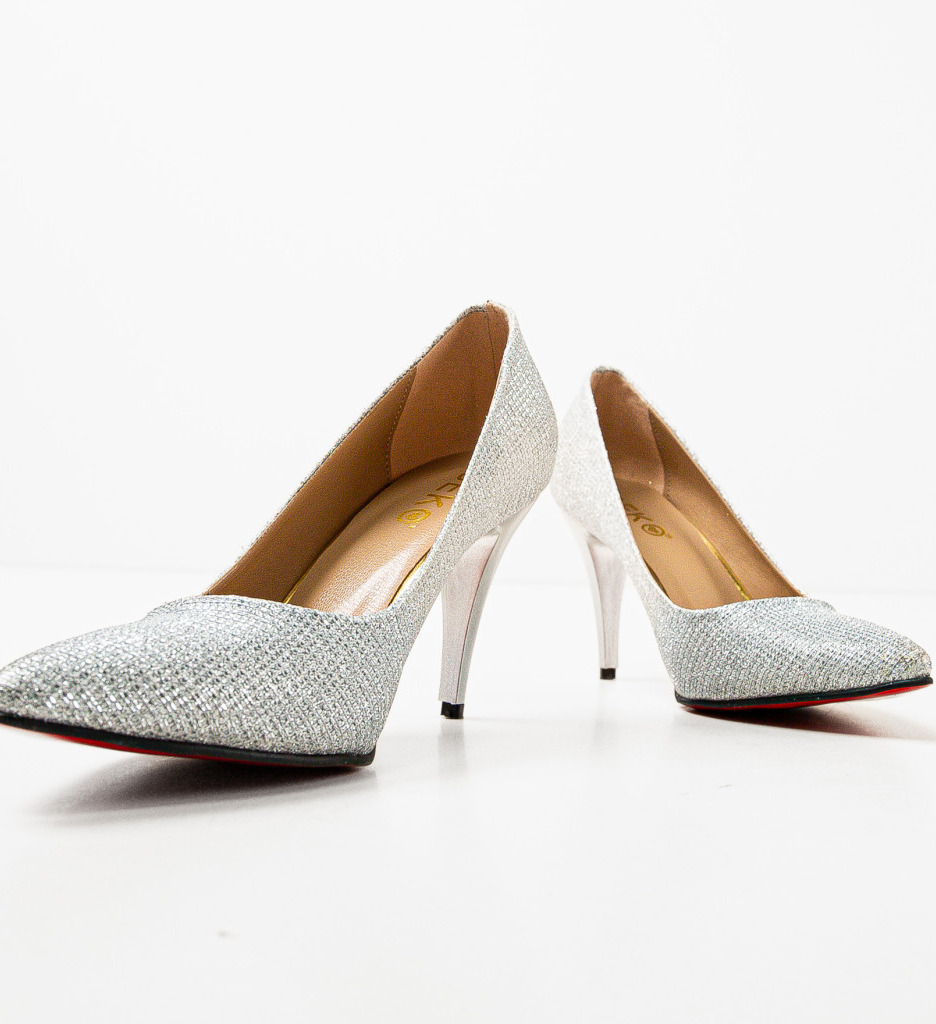 Pantofi Dama Argintii Eleganti cu Toc - imagine 7
