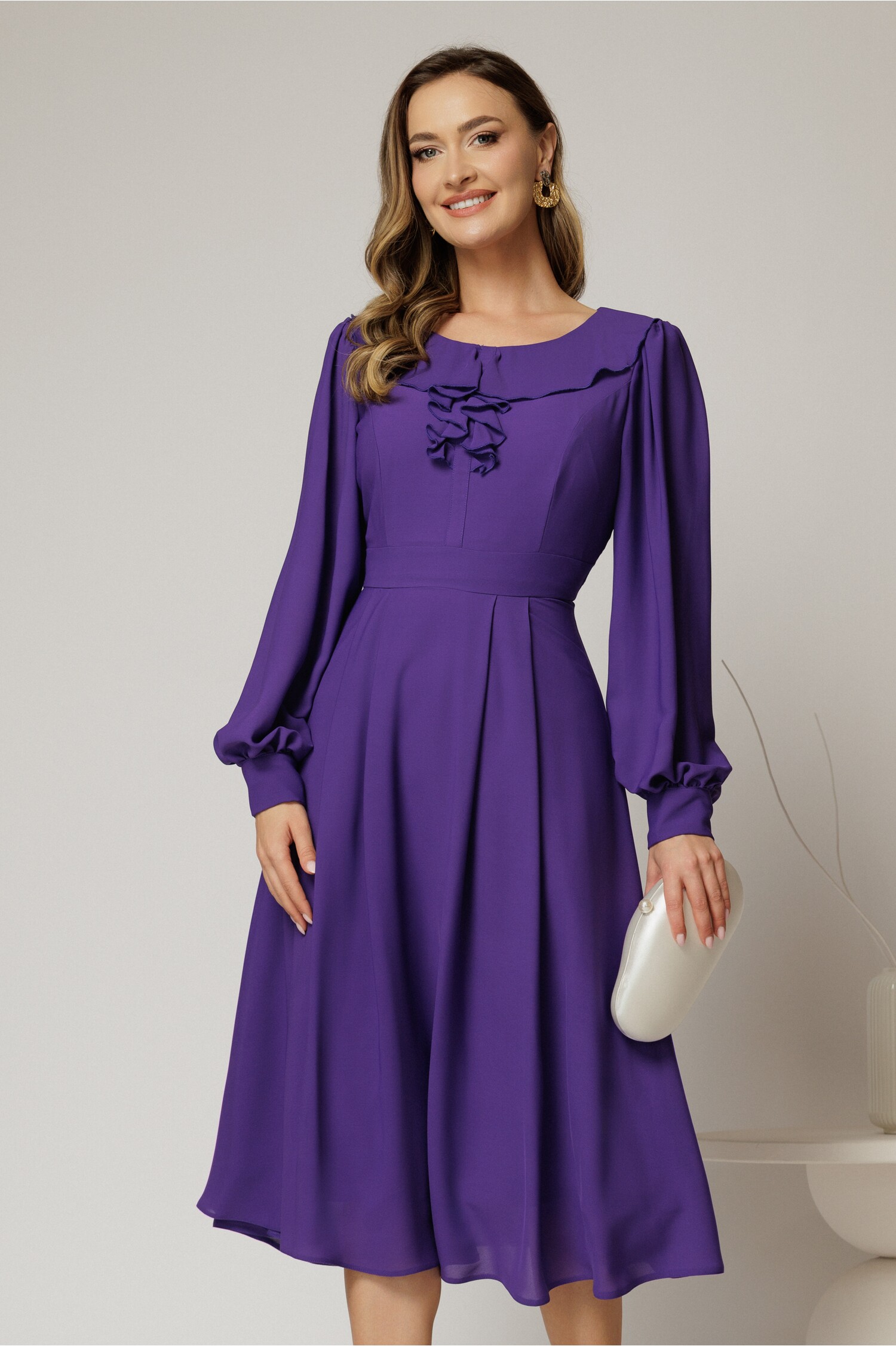 Rochie Midi Mov Voal cu Volanase și Clos Elegan