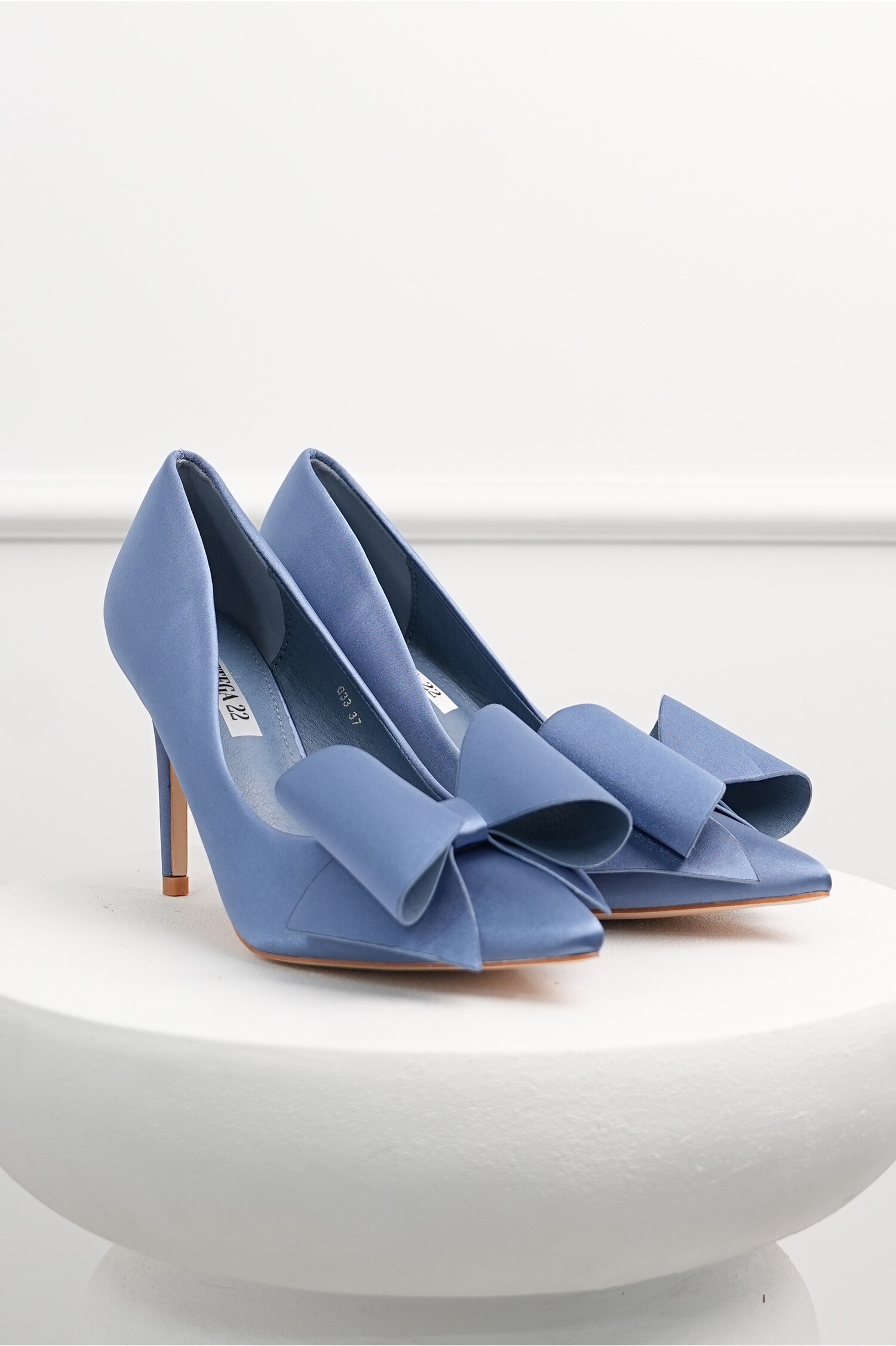 Pantofi albastri satin cu funda maxi, toc 9cm