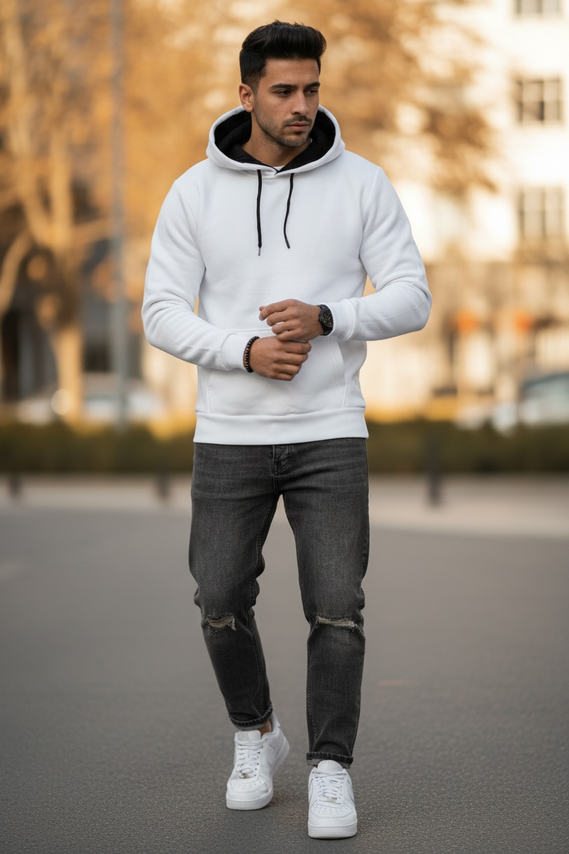 Hanorac Barbati Slim Fit Alb Modern