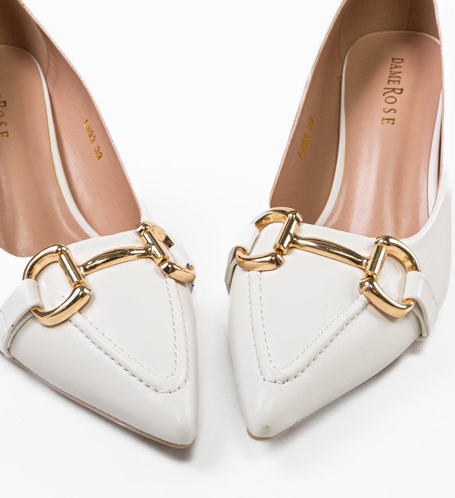 Pantofi Dama Linette Albi Eleganți cu Toc - imagine 6