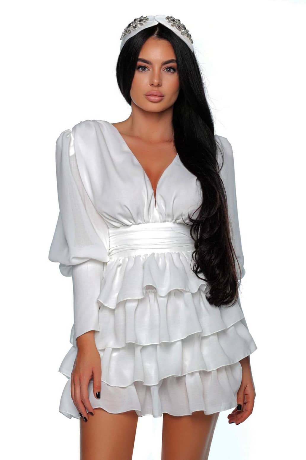 Rochie Albă Elegantă cu Umeri Bufanți | Prive Boutique