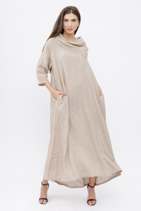 Rochie maxi,  A-line, din in, cu guler amplu, bej