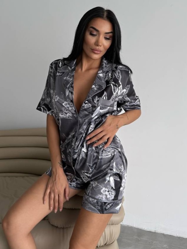 Set Pijama Dama 2 Piese Gri Floral Delis - imagine 2
