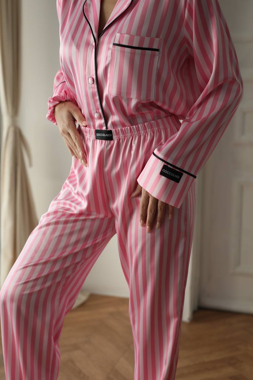 Pijama 2 piese Delis, satin mat, nasturi, Roz - imagine 6