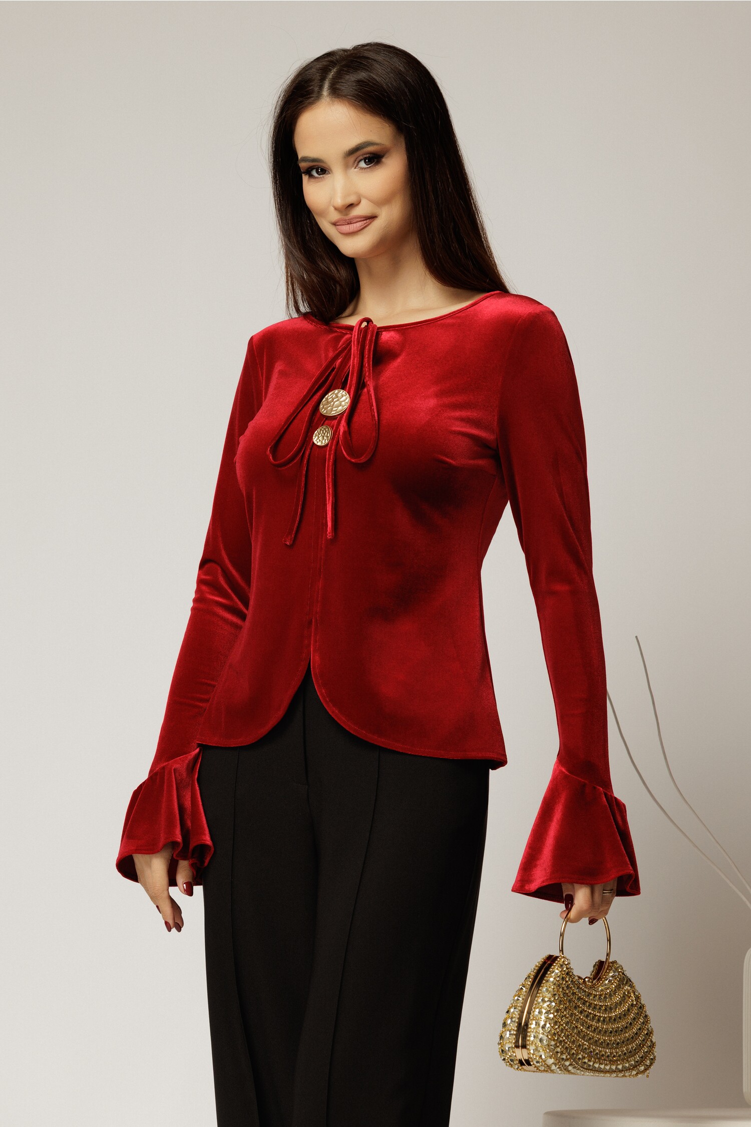 Bluza rosie catifea maneci clopot eleganta