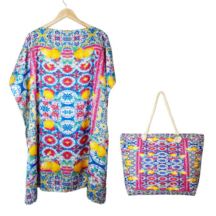 Set poncho mătase & geantă lamai mediteraneene