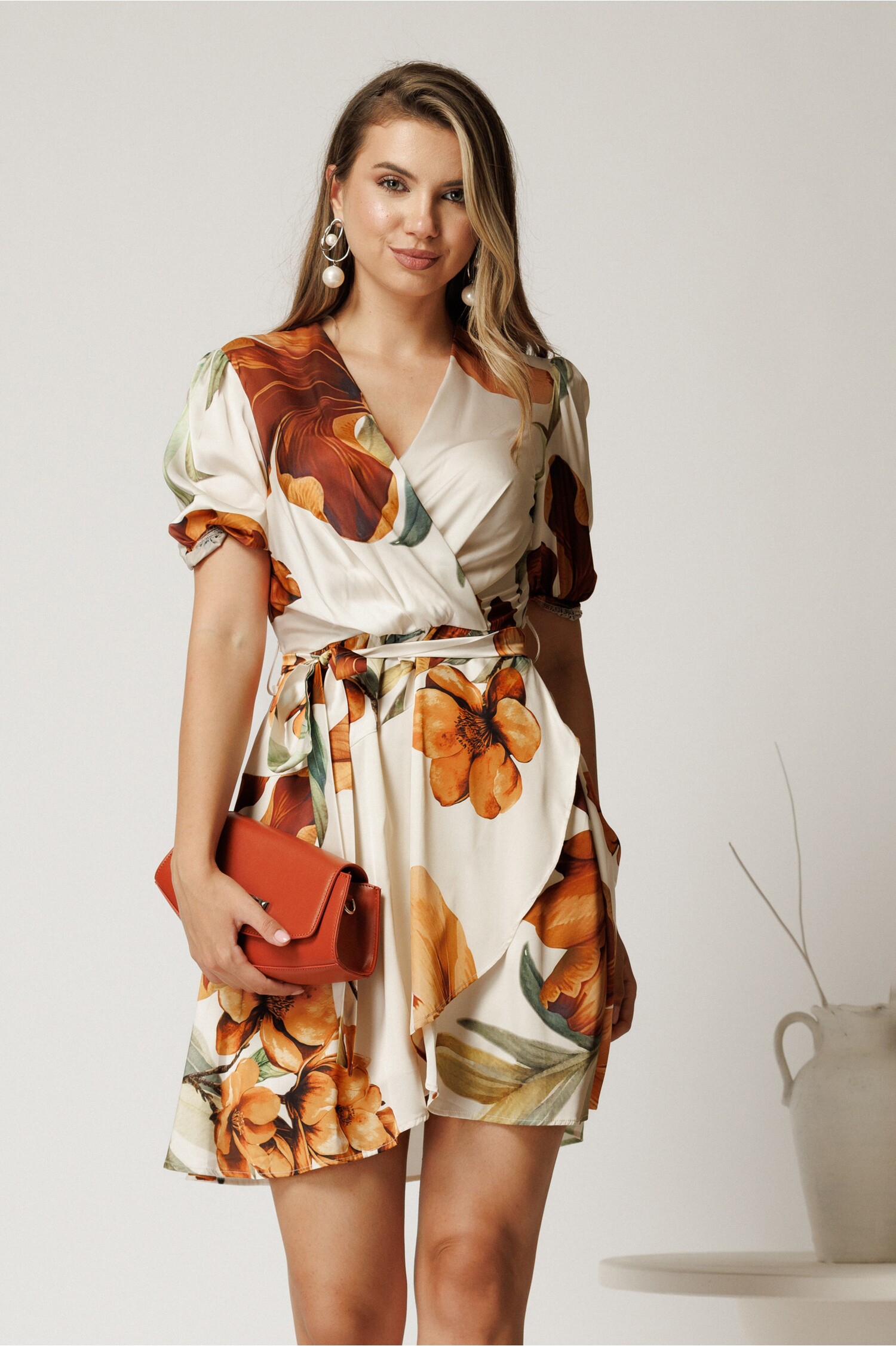 Rochie Eleganta Satin cu Imprimeu si Cordon
