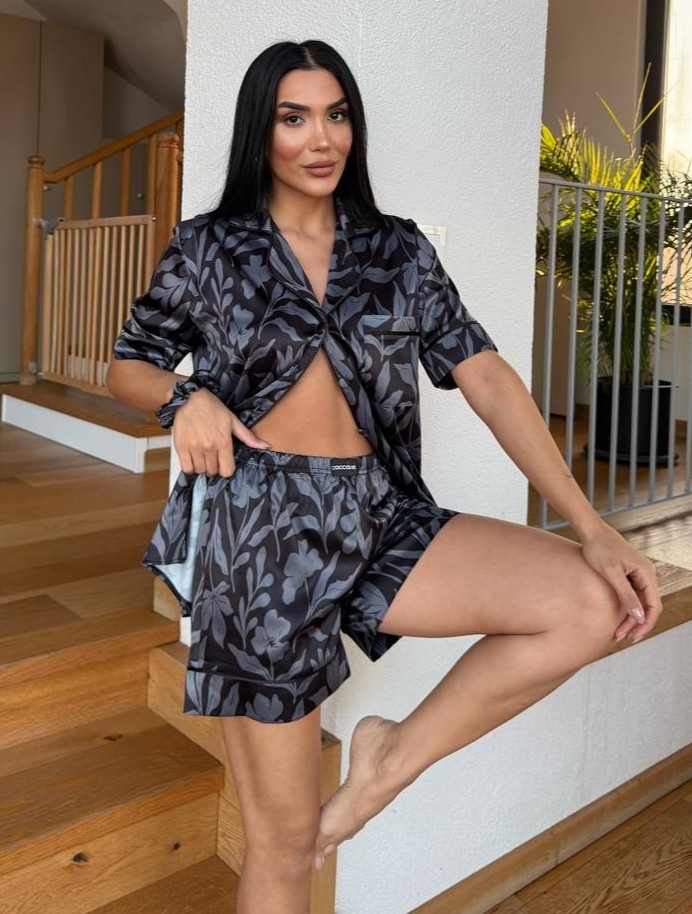 Pijama 2 piese Delis, Noir Blossom, satin sidefat - imagine 7