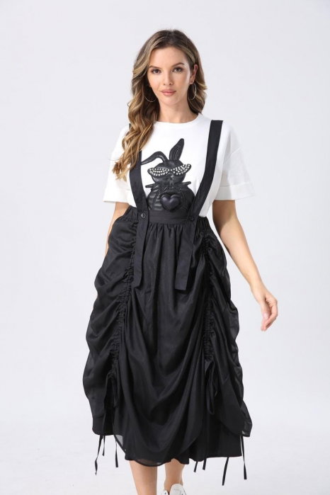 Fusta Neagra Drapata Shopika cu Bretele si Satin