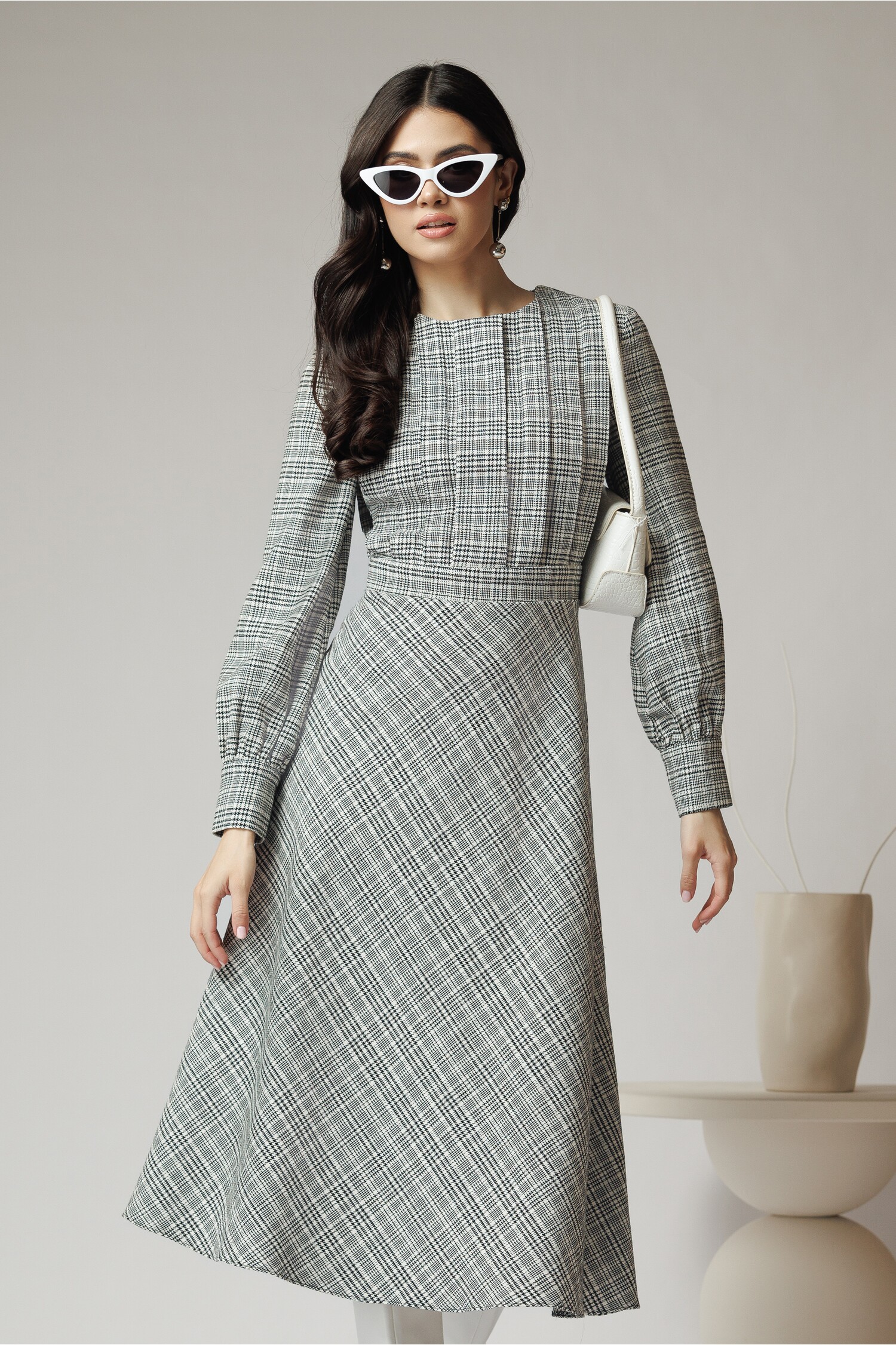 Rochie Office Stofă Pepit cu Pliuri | Eleganță