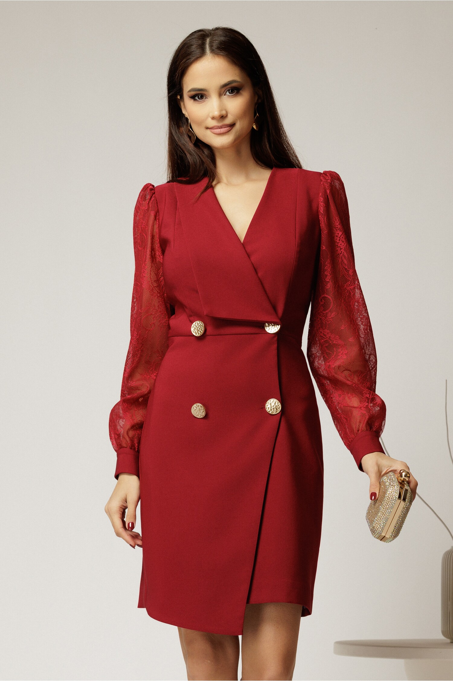Rochie elegantă bordo tip sacou cu dantelă