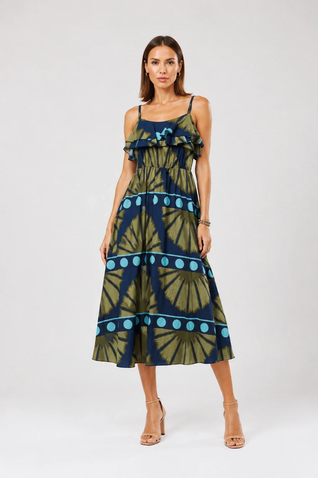Rochie lunga din bumbac subtire cu volan pe piept si imprimeu abstract, bleumarin