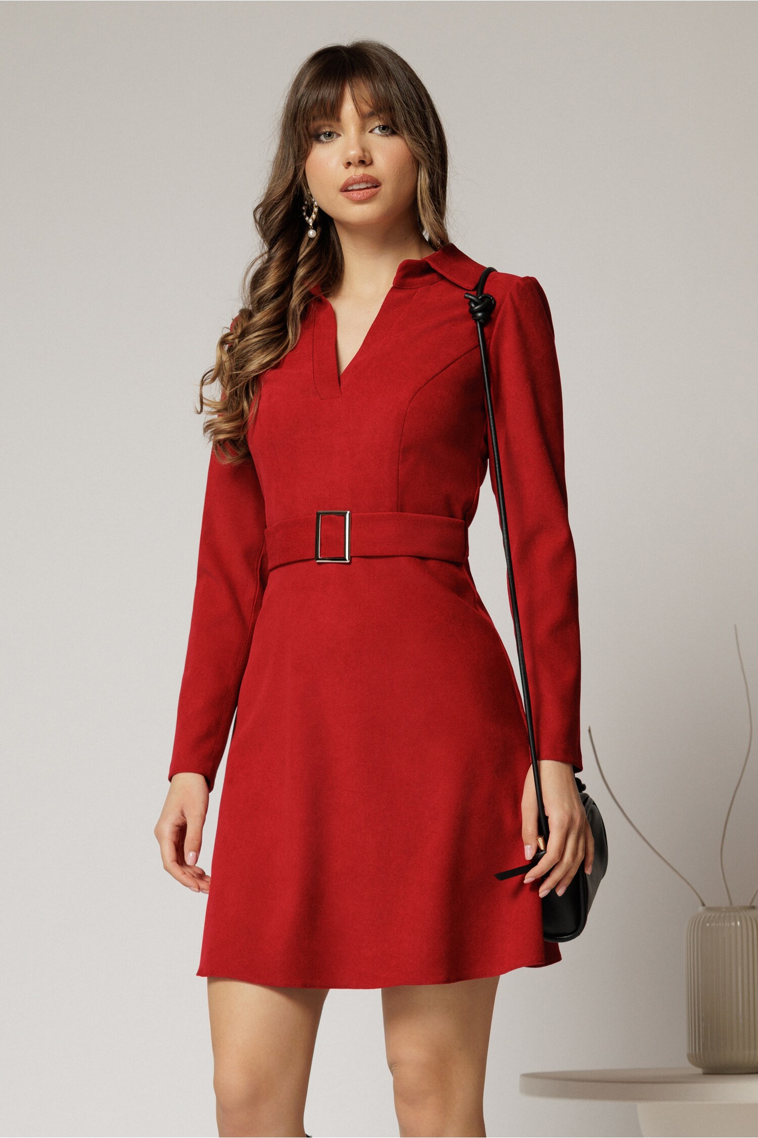 Rochie Bordo Catifea Raiată cu Catarame