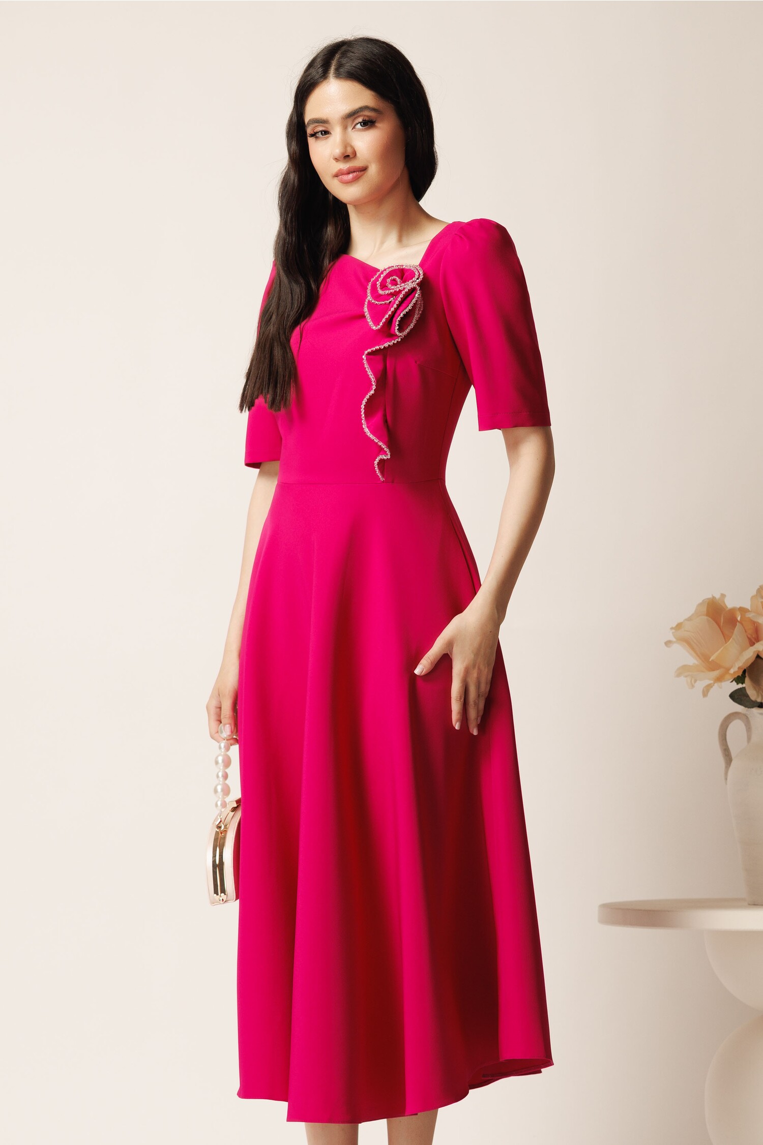 Rochie Midi Stofa Fucsia LaDonna cu Floare