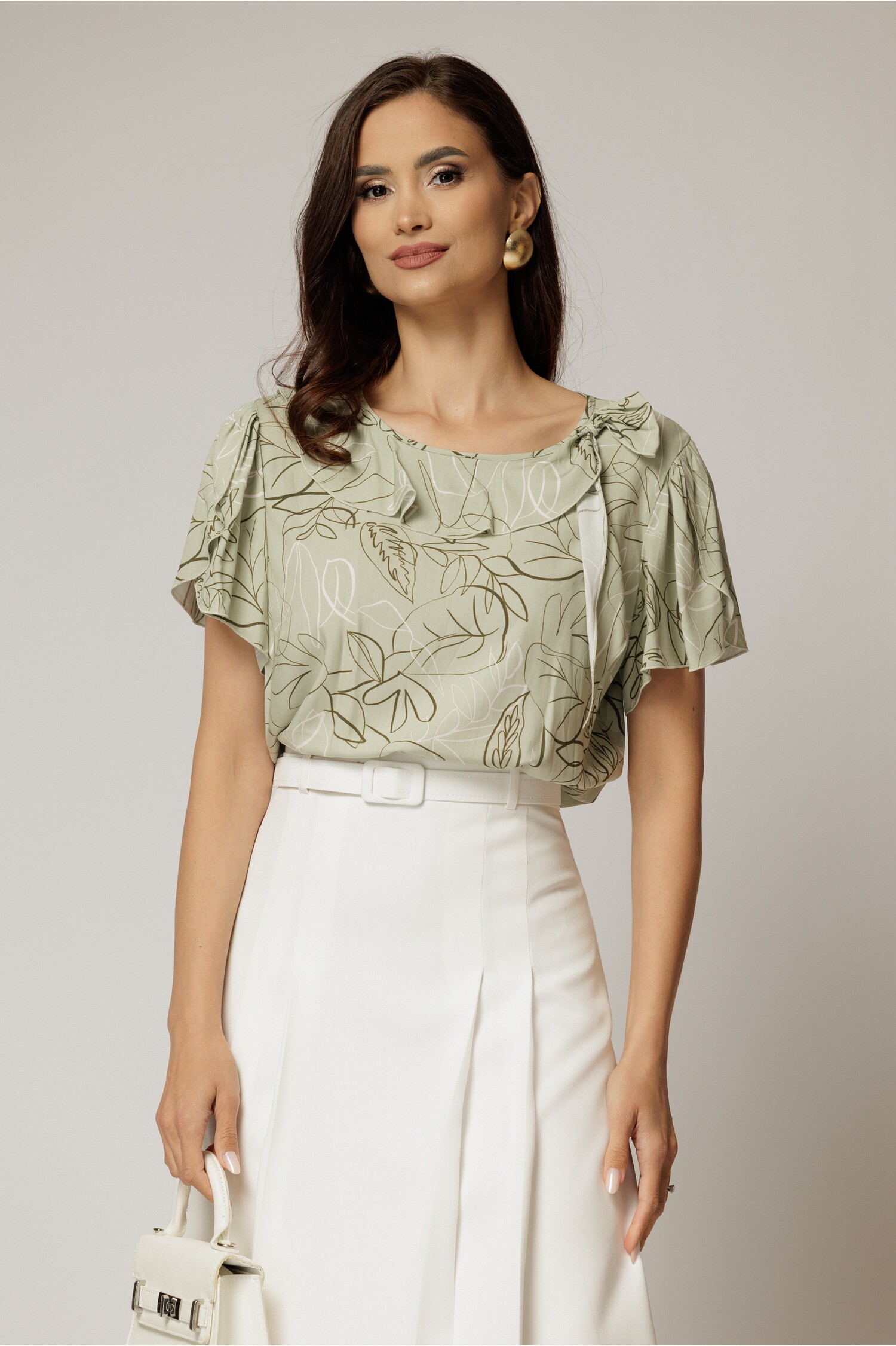 Bluza Verde Fistic Viscoza cu Funda și Volane