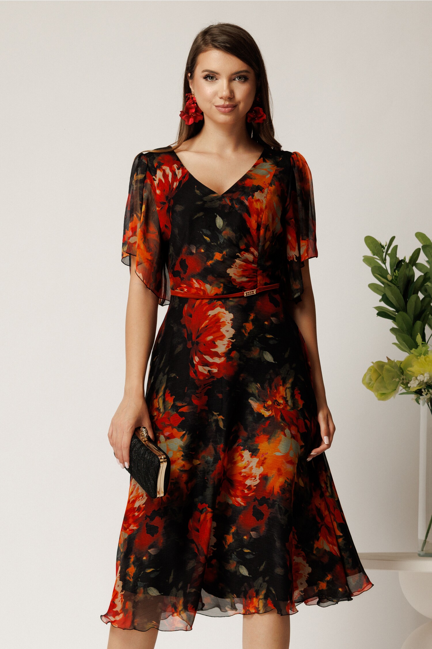 Rochie Midi Neagră Elegantă cu Imprimeuri - Stil Refined
