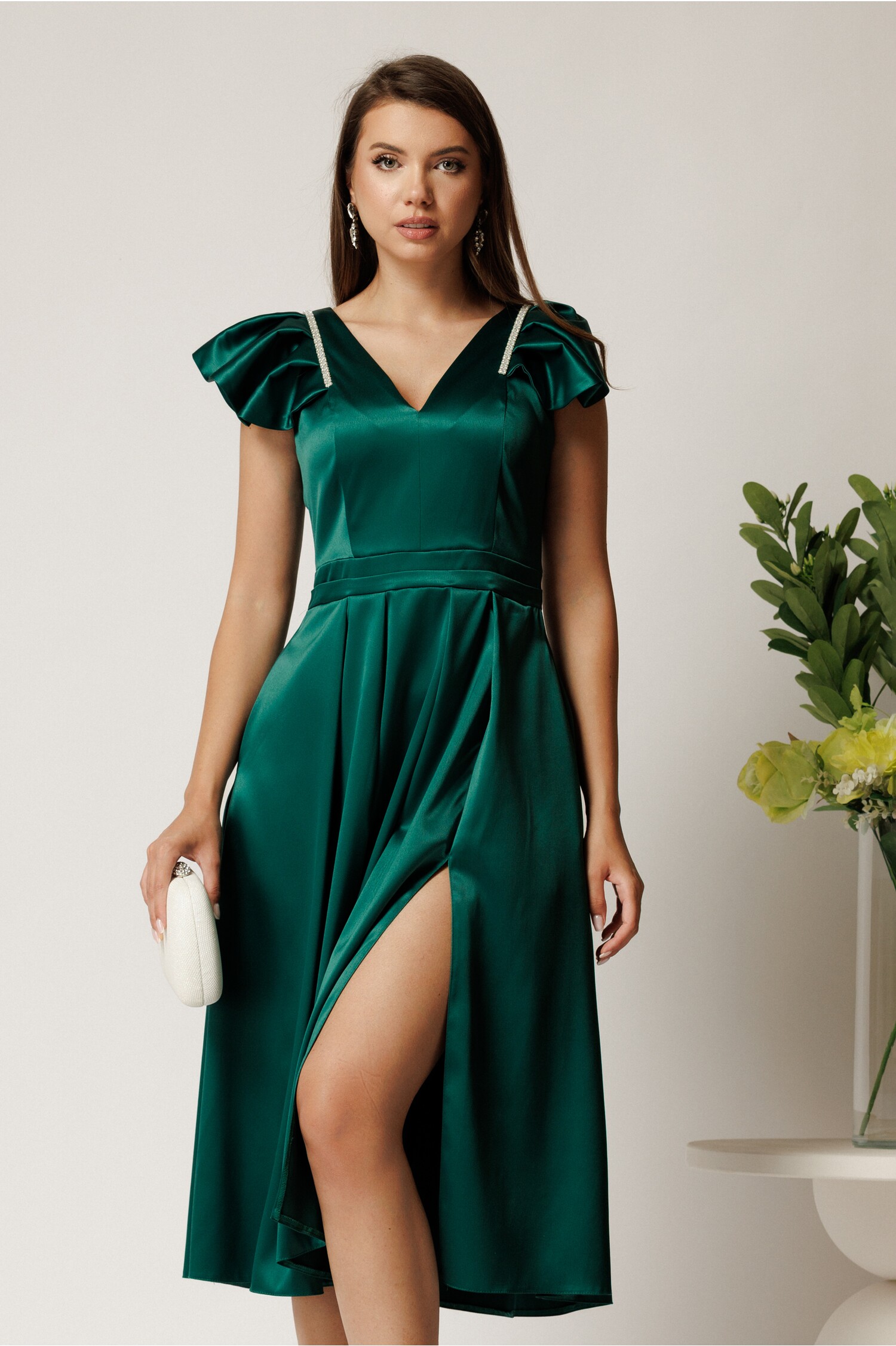 Rochie Eleganta Midi Verde din Tafta cu Perlute