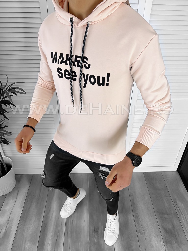 Hanorac Barbati Roz Pudra Slim Fit cu Imprimeu