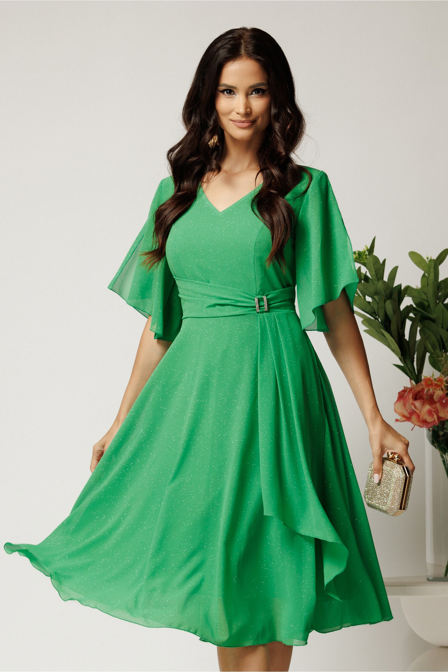 Rochie Midi Verde Cu Glitter Pentru Cununie