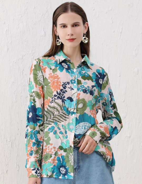 Camașă florală Shopika viscose turcoaz - imagine 1