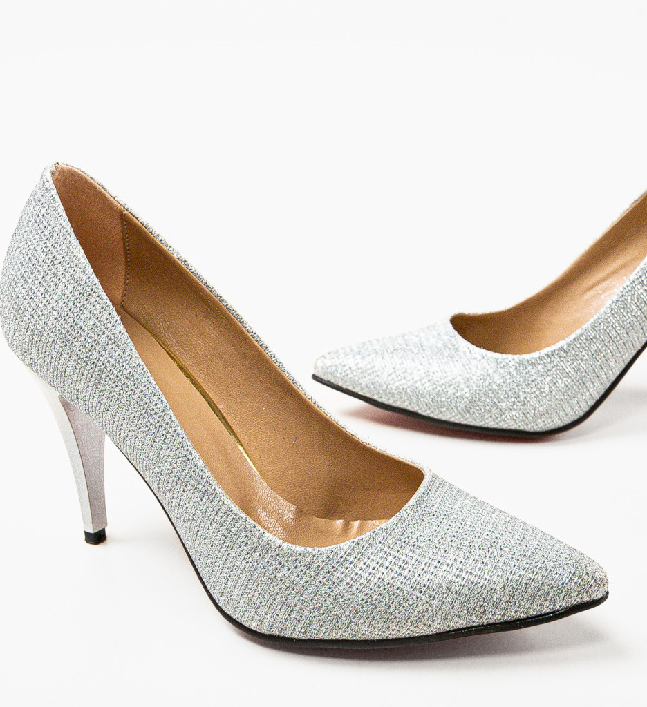 Pantofi Dama Argintii Eleganti cu Toc - imagine 5