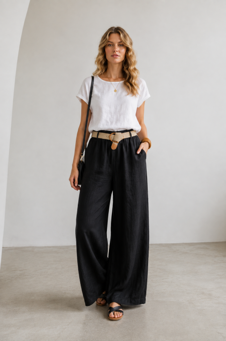 Pantaloni dama lejeri din in, cu talie elastica si curea, negri