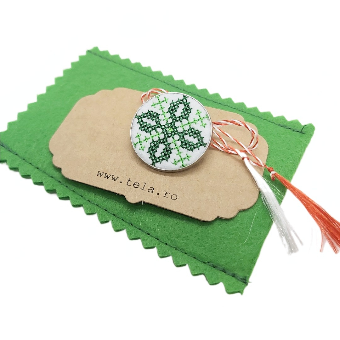 Brosa de inox cu broderie traditionala model etno Verde