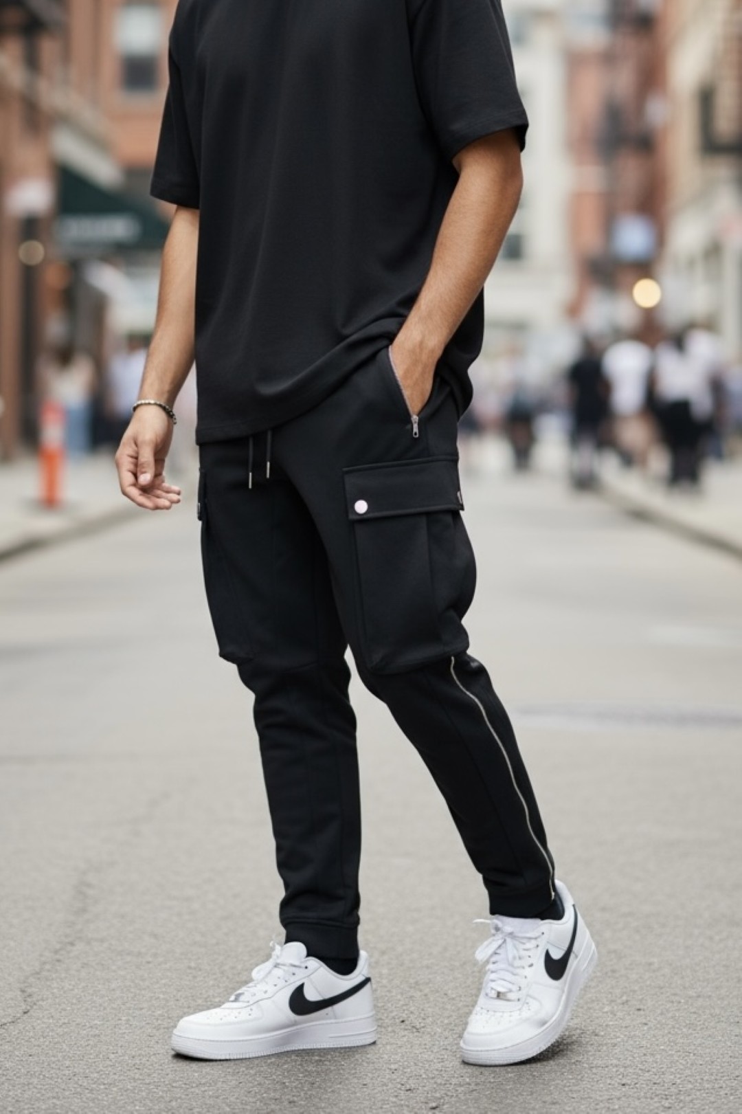 Pantaloni Trening Cargo Negri Conici