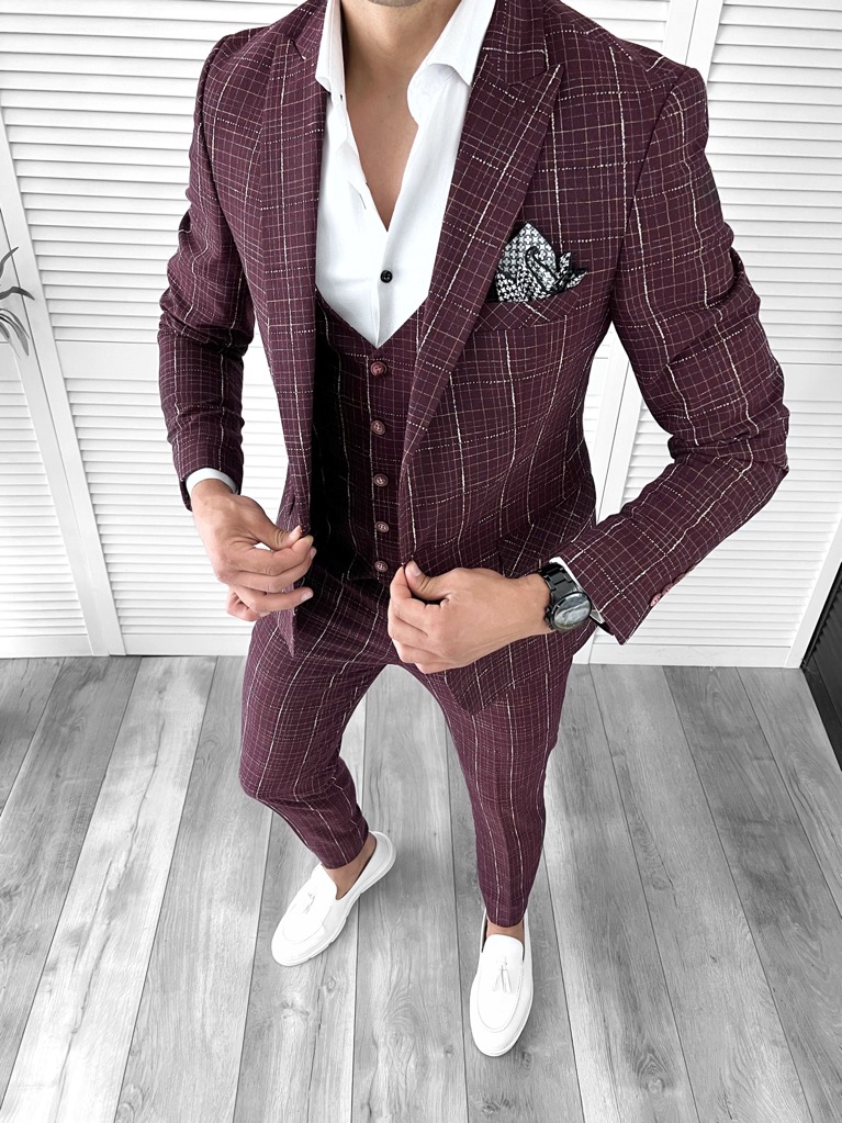 Costum Barbati Slim Fit cu Vesta Grenă