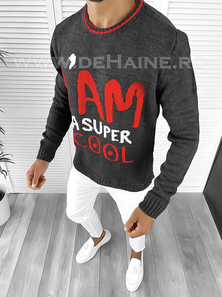 Pulover Barbati Gros Gri Slim Fit Elegant