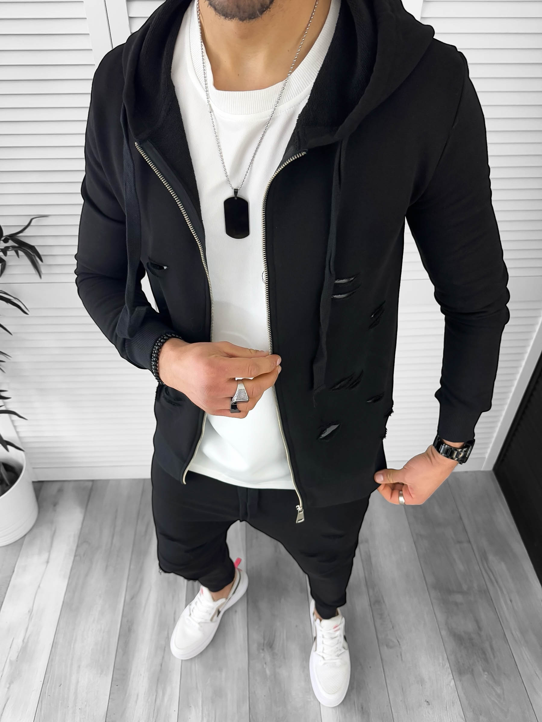 Trening Barbătesc Negru Slim Fit din Bumbac