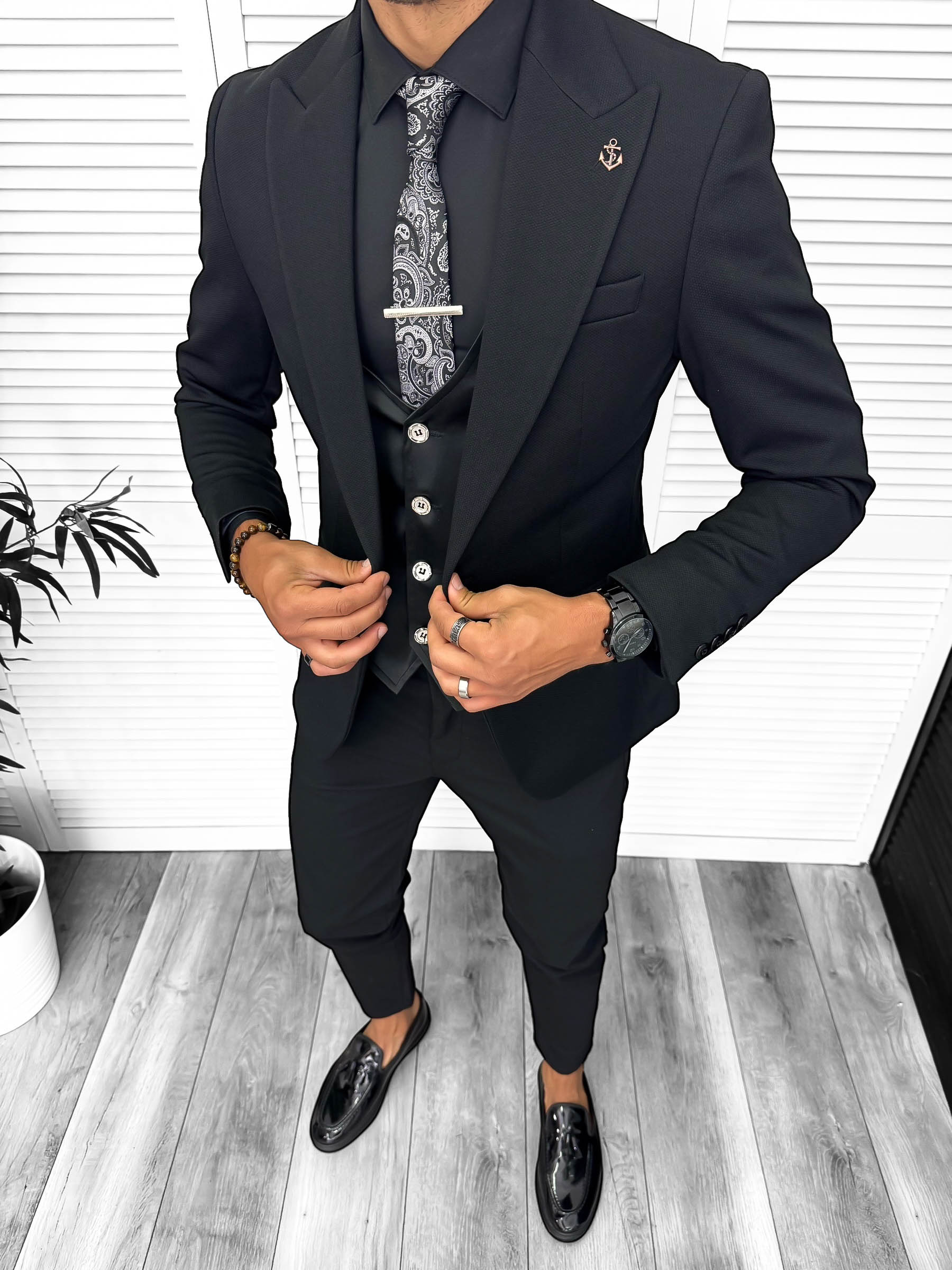 Costum Barbati Slim Fit Negru 3 Piese Elegan