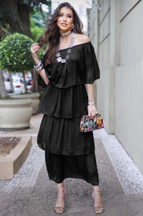 Rochie neagra din matase Shopika cu volane si elastic