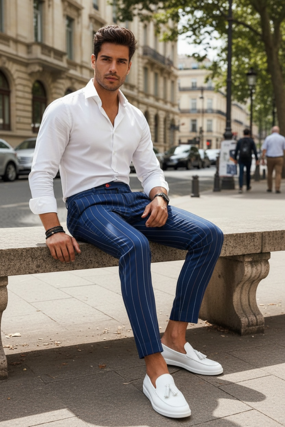 Pantaloni Barbati Bleumarin Dungi 100% Bumbac - imagine 2