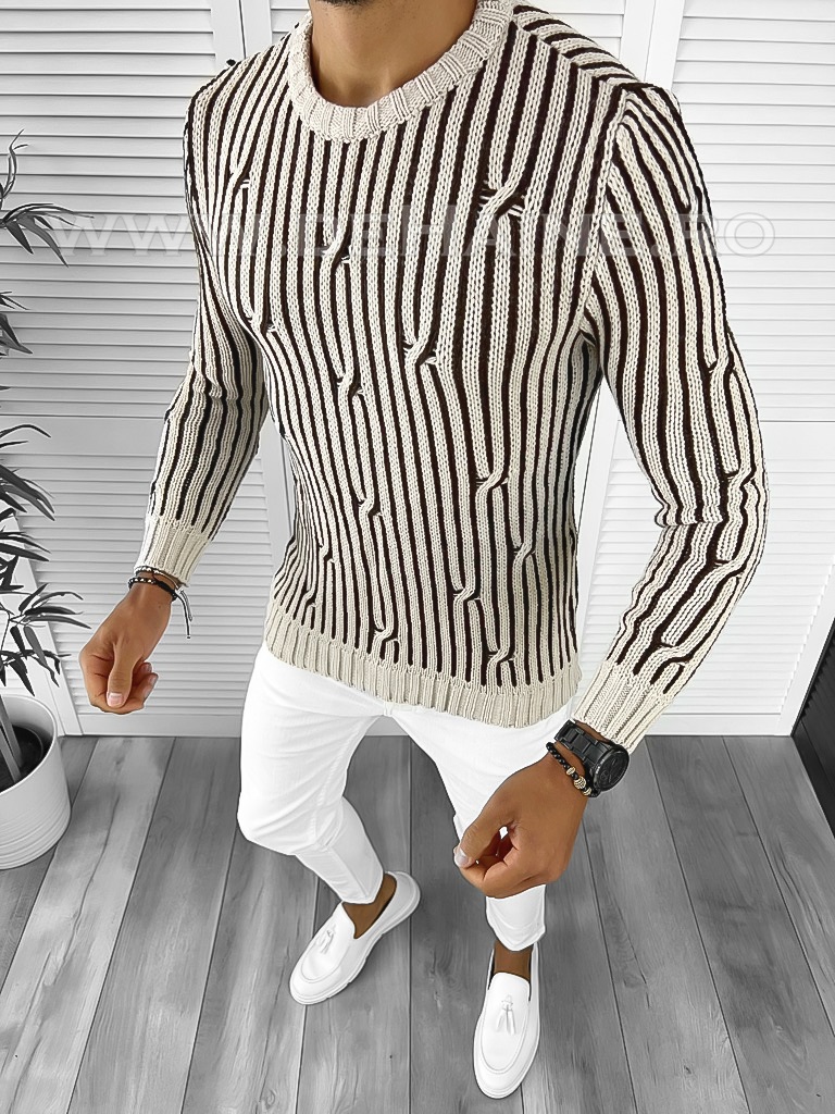 Pulover Barbati Bej Slim Fit Gros T3575