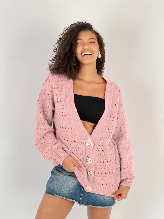 Cardigan Miss Poem Elegant Roz cu Nasturi Aurii - imagine 2
