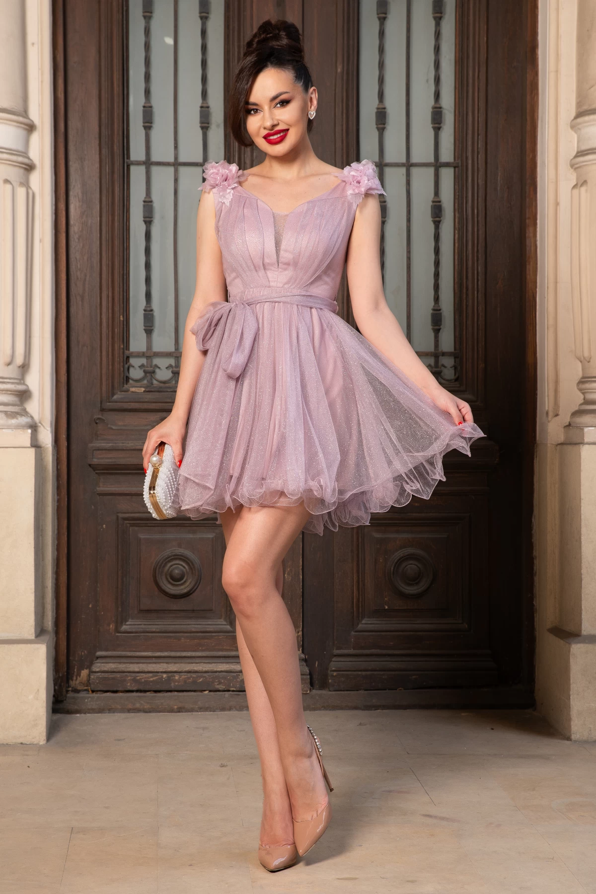 Rochie Baby-Doll Roz cu Trandafiri 3D - Josephine - imagine 1